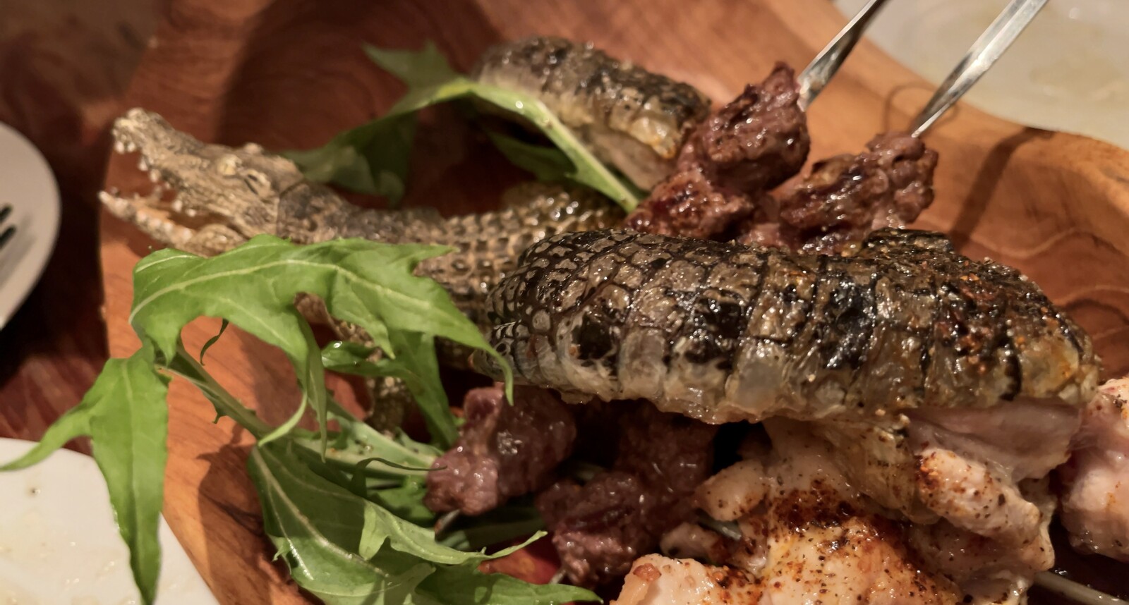 ワニ肉やらカンガルー肉の乗ったワイルドプレートの写真